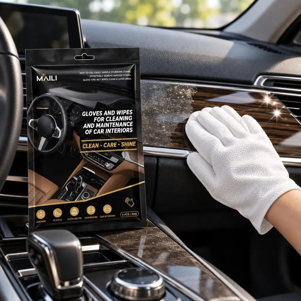 6Pcs / Pack Car Leather Cleaning Glove Wipes Neutral PH Seat Cleaner Polishing Wipes For Auto Office Furniture
