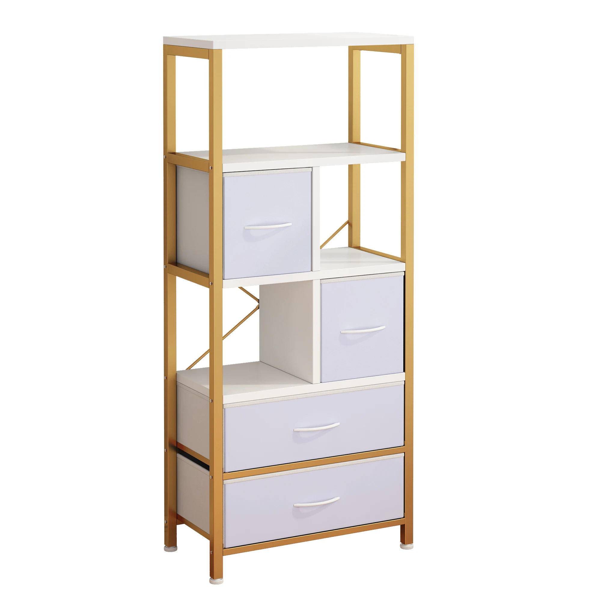 5 layers with 4 drawers bookshelf particle board iron frame non-woven fabric 60*30*147cm gold frame white plate