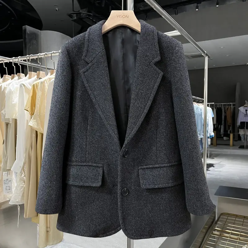 Dark Gray Vintage Suit Coat Women Korean Fashion Autumn Winter 2022 New Versatile Woolen Blazer Jacket Straight Outerwear T1143