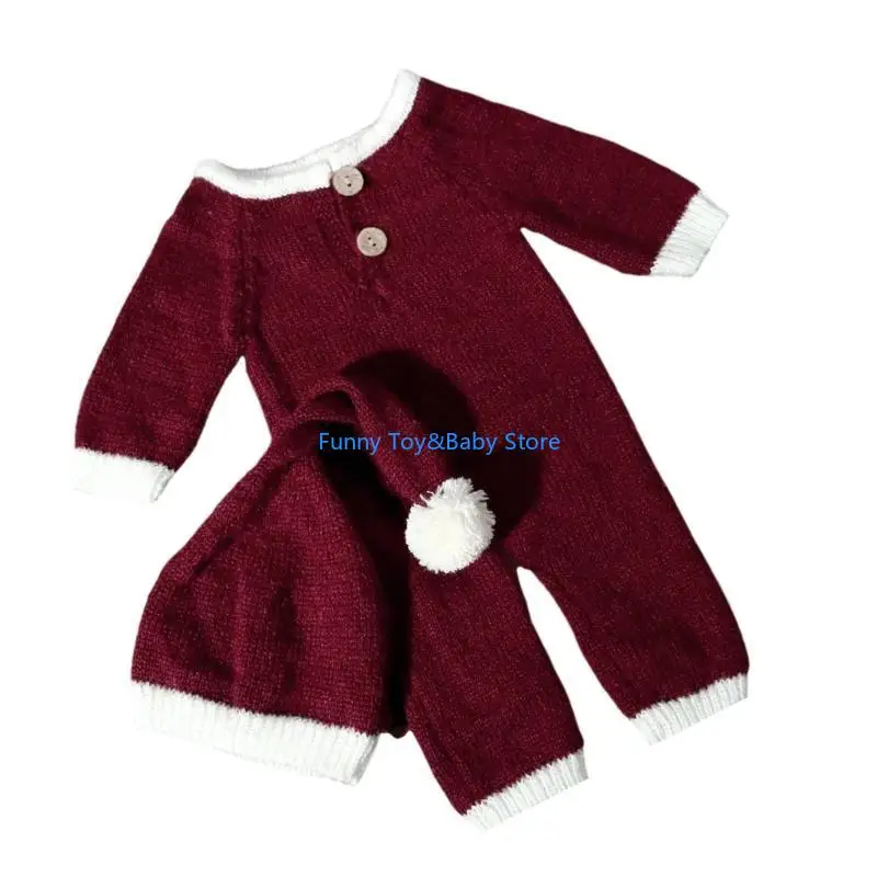 C90B Holiday Theme Santa Hat Romper Infant Photography Props Knitted Christmas Outfit