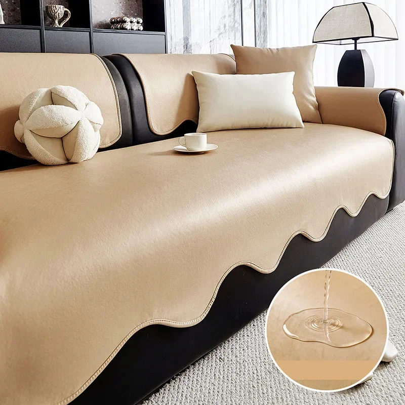 Solid Color Leather Waterproof Sofa Cushion High-End Anti Cat Scratch Anti-Slip Sofa Protector Comfort Dustproof Couch Covers