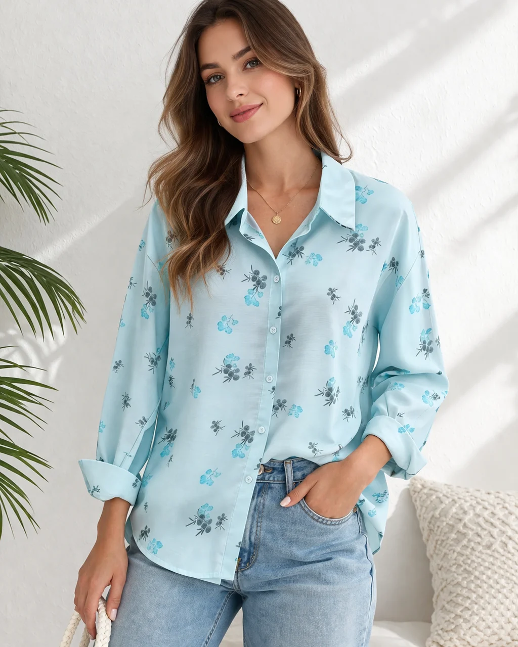 

Women's floral long sleeved casual loose spring, summer, autumn cardigan shirt