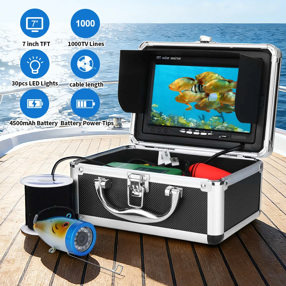كاميرا صيد تحت الماء - شاشة 7 بوصة، 15 مصباح LED أبيض و15 مصباحًا بالأشعة تحت الحمراء، بطارية 4500AH لصيد الجليد/البحر/النهر