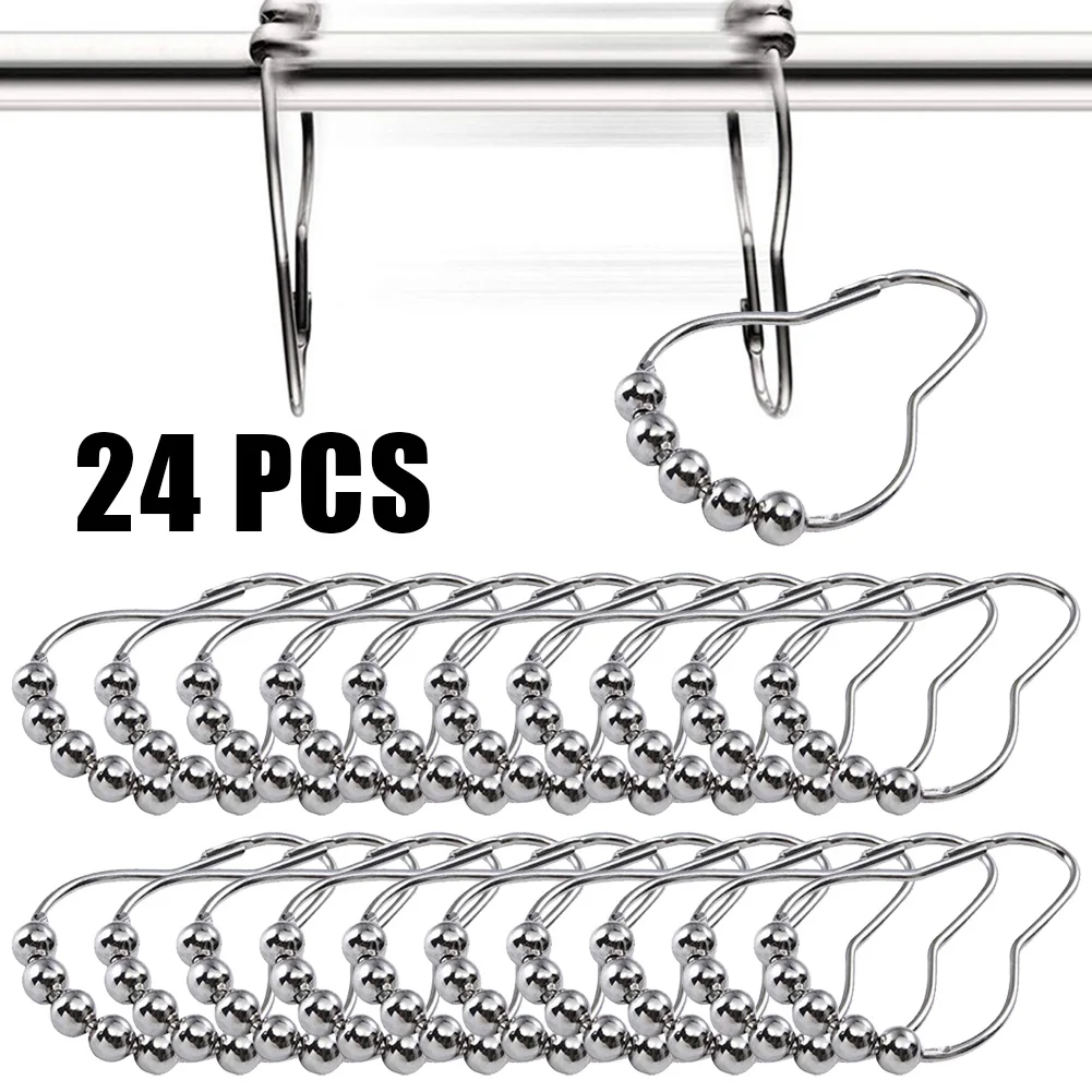 

24Pcs Stainless Steel Curtain Hooks Bath Rollerball Shower Curtains Rings Hooks Glide Rings Convenient Home Bathroom Accessories