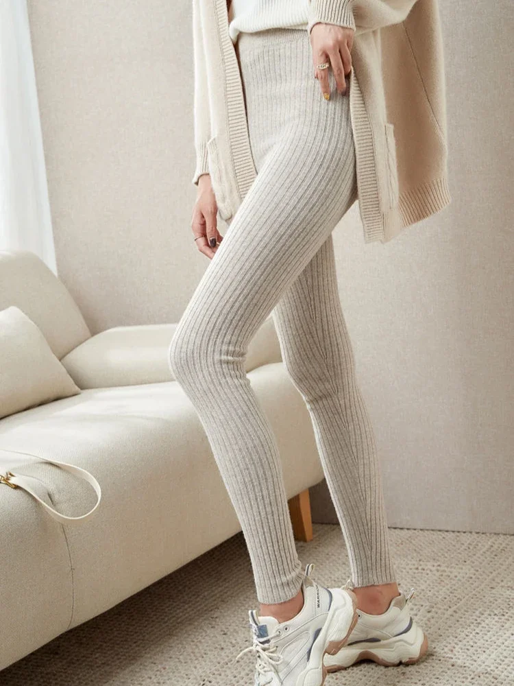 

Oatmeal High-Waisted Knitted Leggings for Women Slim Fit Warm Wool Pants Solid Color Fashion Autumn Winter Sexy Trousers