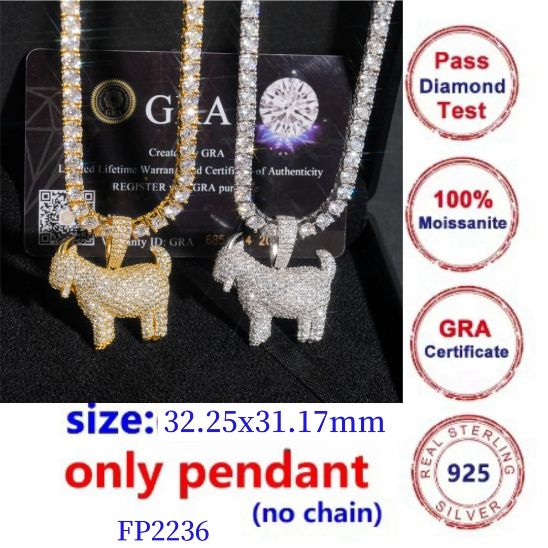 Full Moissanite D Color stone Animal Goat Pendant S925 Sterling Silver White/Yellow Gold for Necklace accessory