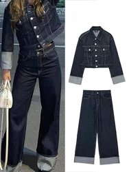 Damesmode pak Retro gesplitst Single-breasted zak denim jack + hoge taille dames broek met wijde pijpen en ritssluiting 2-delige set
