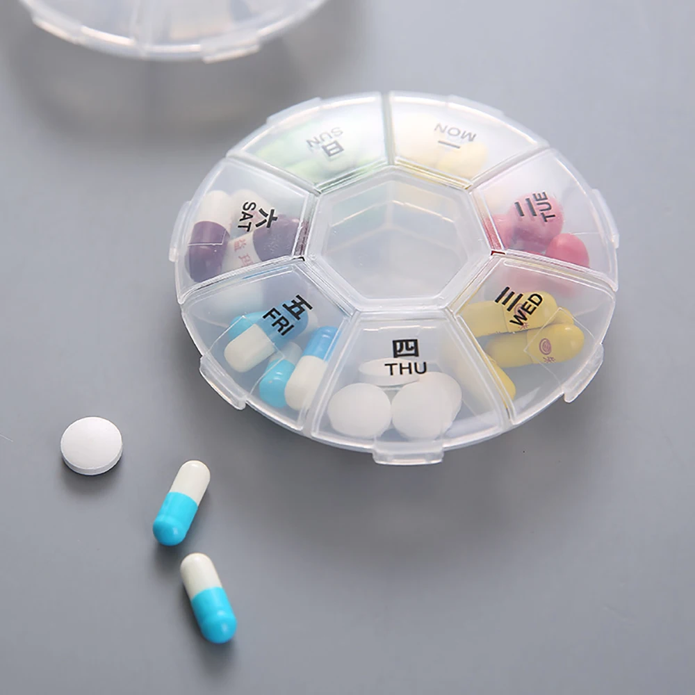 7 Day Pill Organizer Weekly Pill Box Transparent Round Small Divided Medicine Case Portable Pill Holder Travel