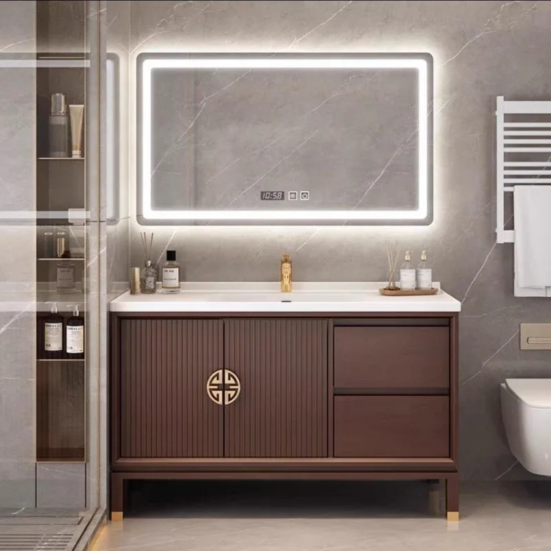 Bathroom cabinet Eco-friendly oak anti-fog lighting Slate countertop Bathroom cabinet Large apartment double basin