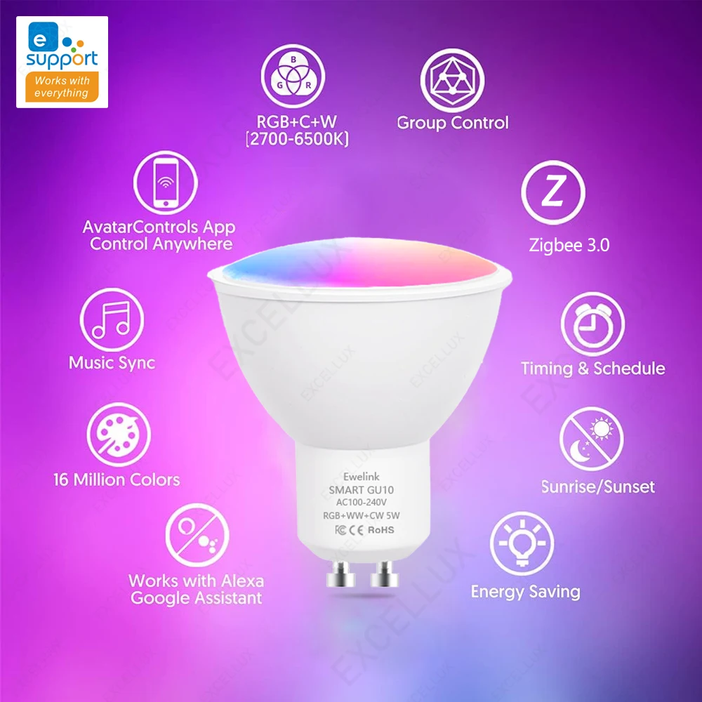 Zygbee GU10 WiFi żarówki oświetlenie inteligentne LED RGB W + C 5W ściemniania lampy EWelink punktowa żarówka sterowania współpracuje z Alexa Google