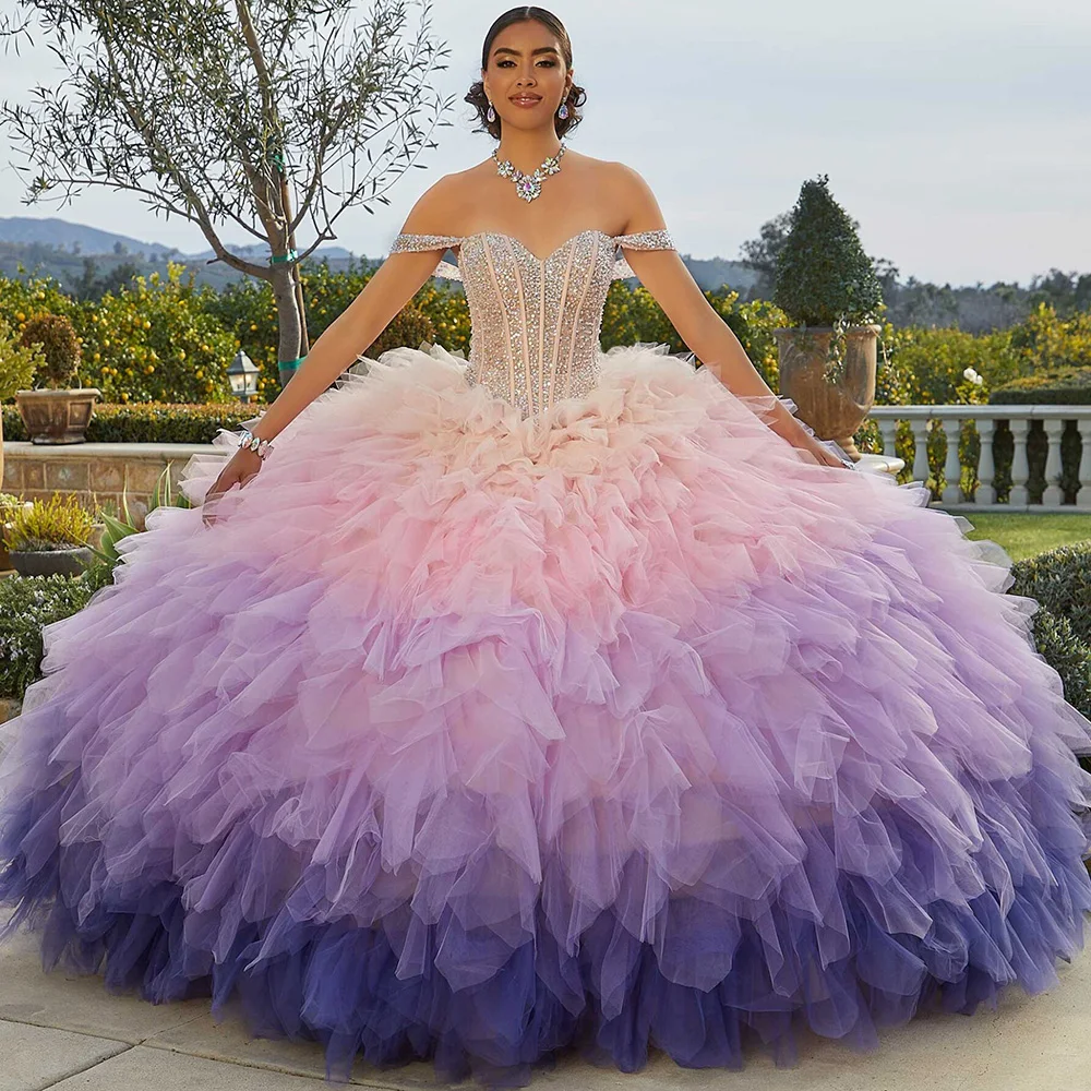 STEVDITG Multi-color Tulle Pleated Wedding Dress Exquisite V-Neck Off the Shoulder Sequined Ball Gown Sweep Train Bride Dress