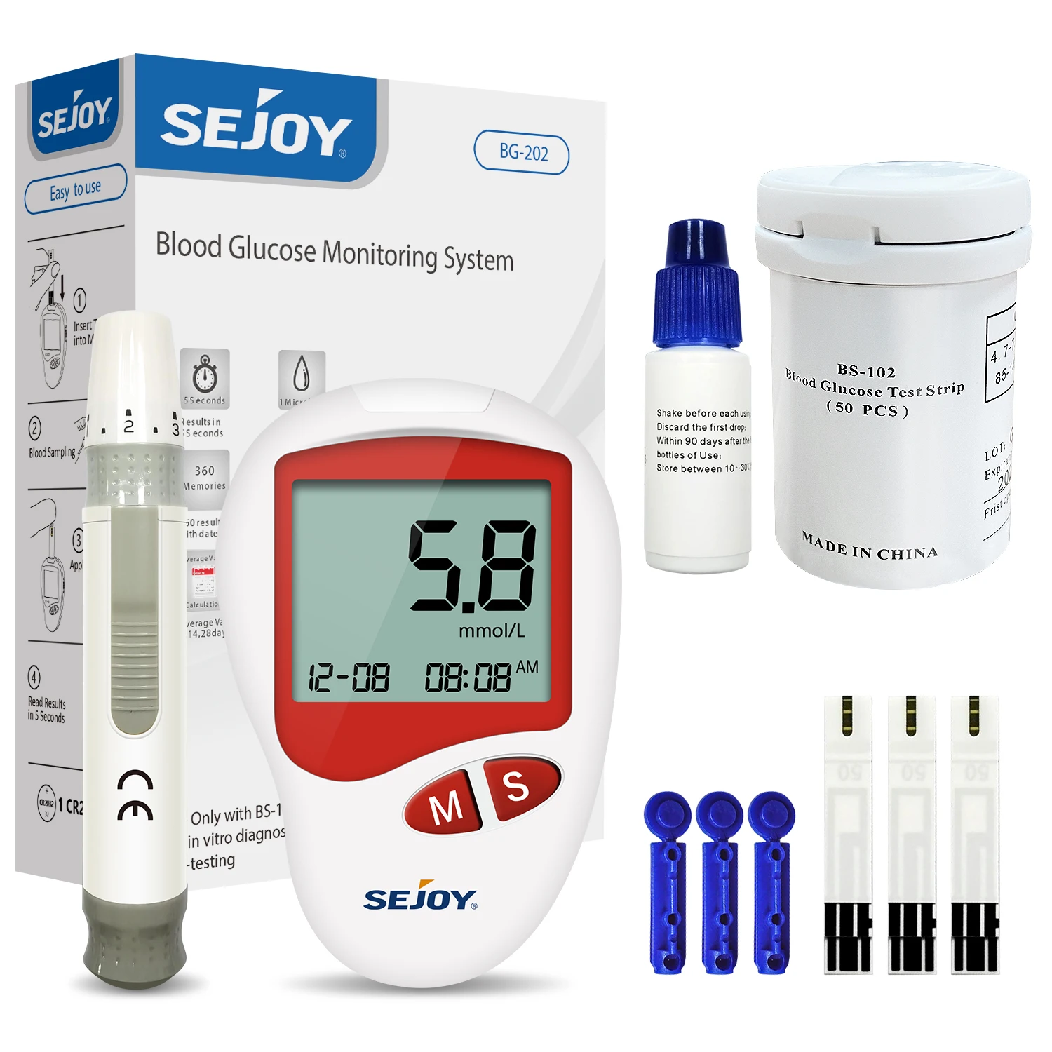 Kit de test de glycémie SEJOY avec 25 bandelettes de test/lancettes, 100 bandelettes de test de glycémie pour BG201/202/203
