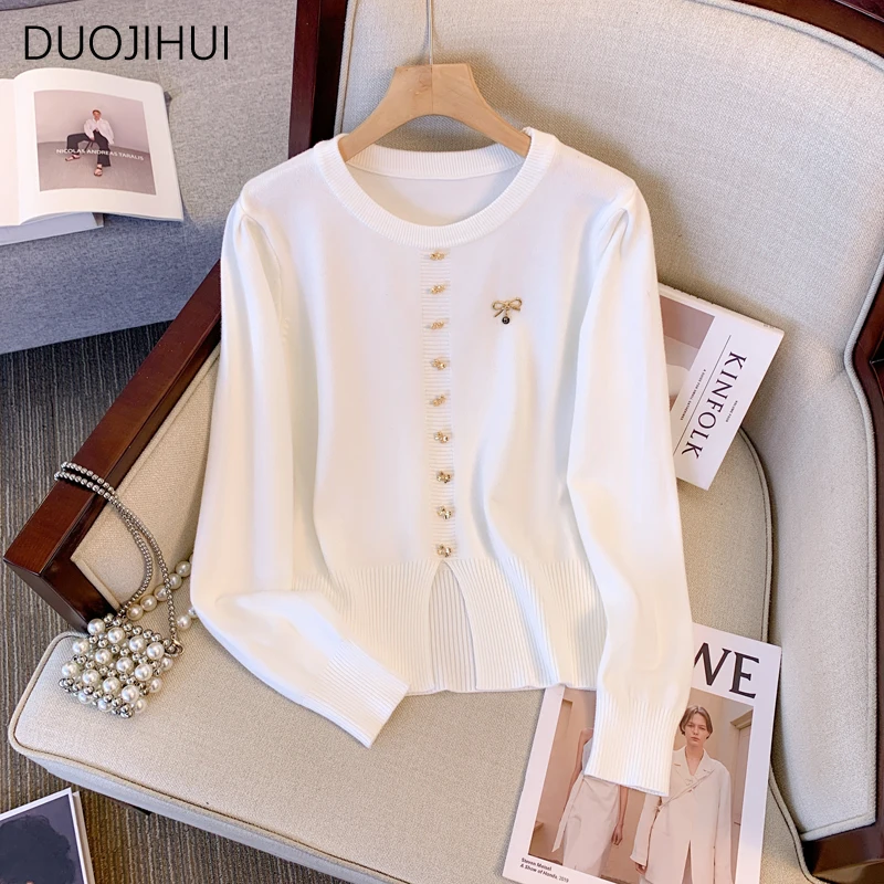 

DUOJIHUI Autumn New Basic O-neck Simple Casual Women Pullovers Chicly Button Classic Split Fashion Solid Color Female Pullovers