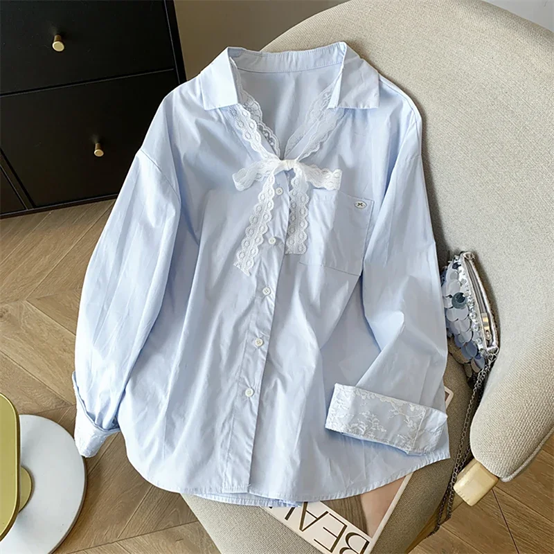 2026 New Summer Fake Two Pieces Shirts Women Casual Lace Bow Collar Sun Protective Womens Blouse Long Sleeve Female Tops