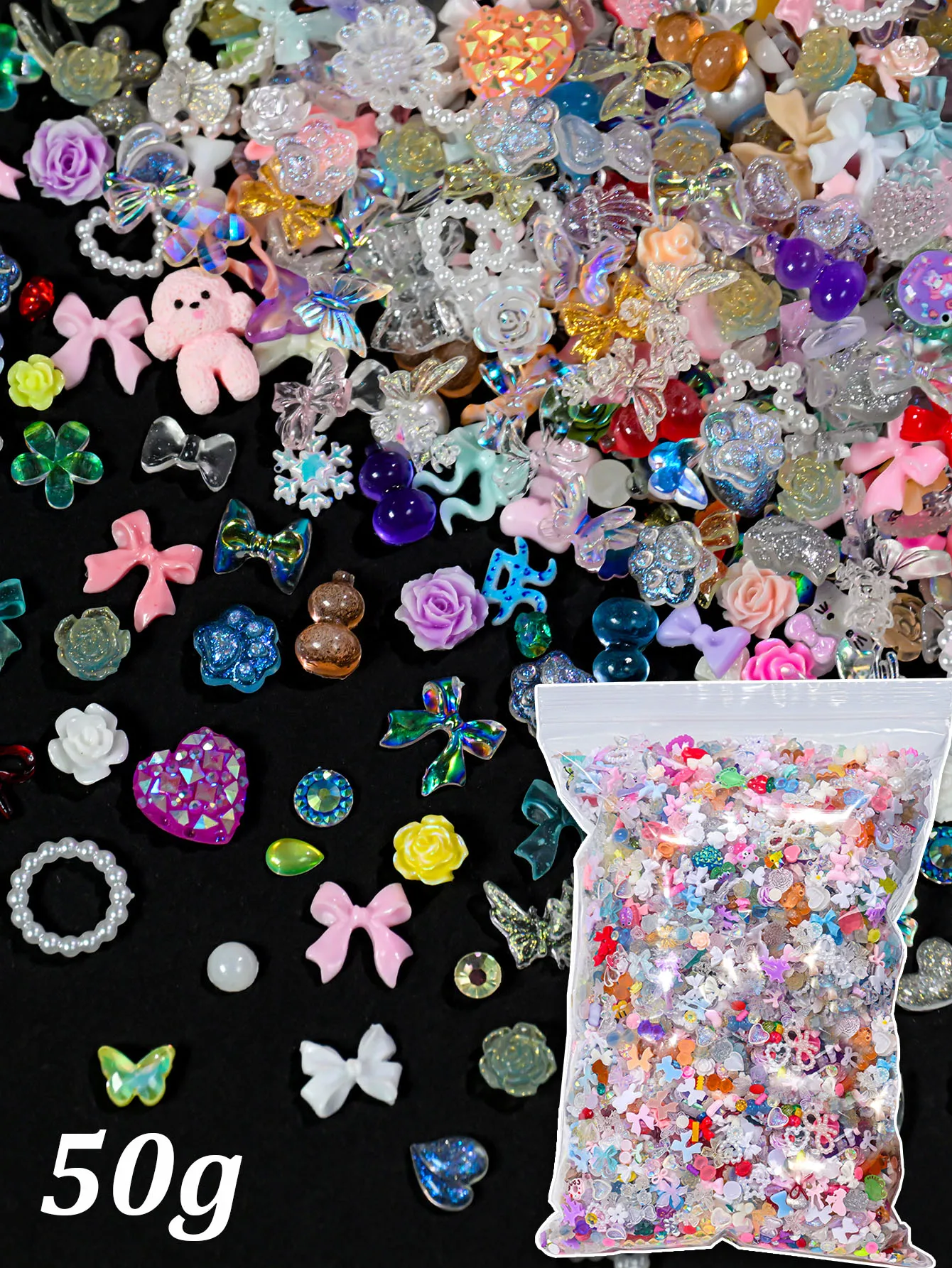 500-600pcs Mix Resin Flower Bow Cartoon Nail Rhinestones Random Bear Heart Pearl Star Nail Decoration Colorful Cute Nail Charms