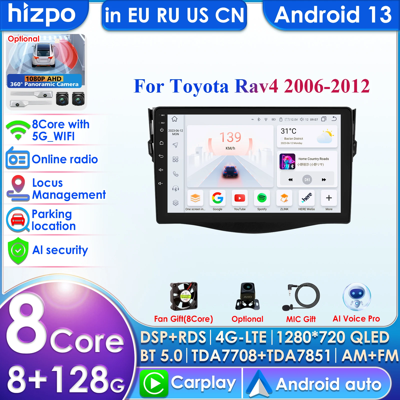 Hizpo 9'' 10.33Inch 2din Android Autoradio GPS for Toyota RAV4 Rav 4 2005-2013 Car Radio Multimedia Video Player Carplay 4G WIFI