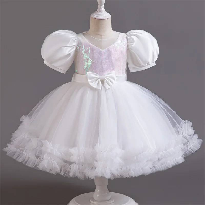 Baby Girl Wedding Dress Bow Newborn Baptism Dress Baby Girl Tutu 1 Year Birthday Party Dresses Puff Sleeves Toddler Kids Clothes