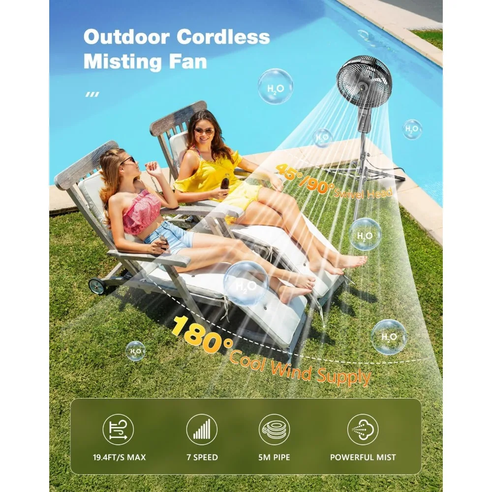 مراوح رذاذ خارجية بقدرة 20000 مللي أمبير في الساعة للباحات الخارجية، وقاعدة 12 بوصة ومراوح متأرجحة على سطح الطاولة مع مجموعة رذاذ مروحة، قابلة لإعادة الشحن