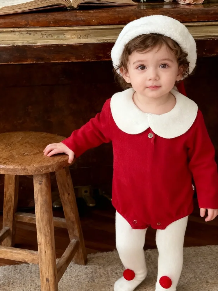 ملابس عيد الميلاد الاحتفالية باللون الأحمر للخريف والشتاء الكورية للأولاد والبنات ملابس مخملية للأطفال بدلة زحف عصرية مع قبعات عيد الميلاد #5