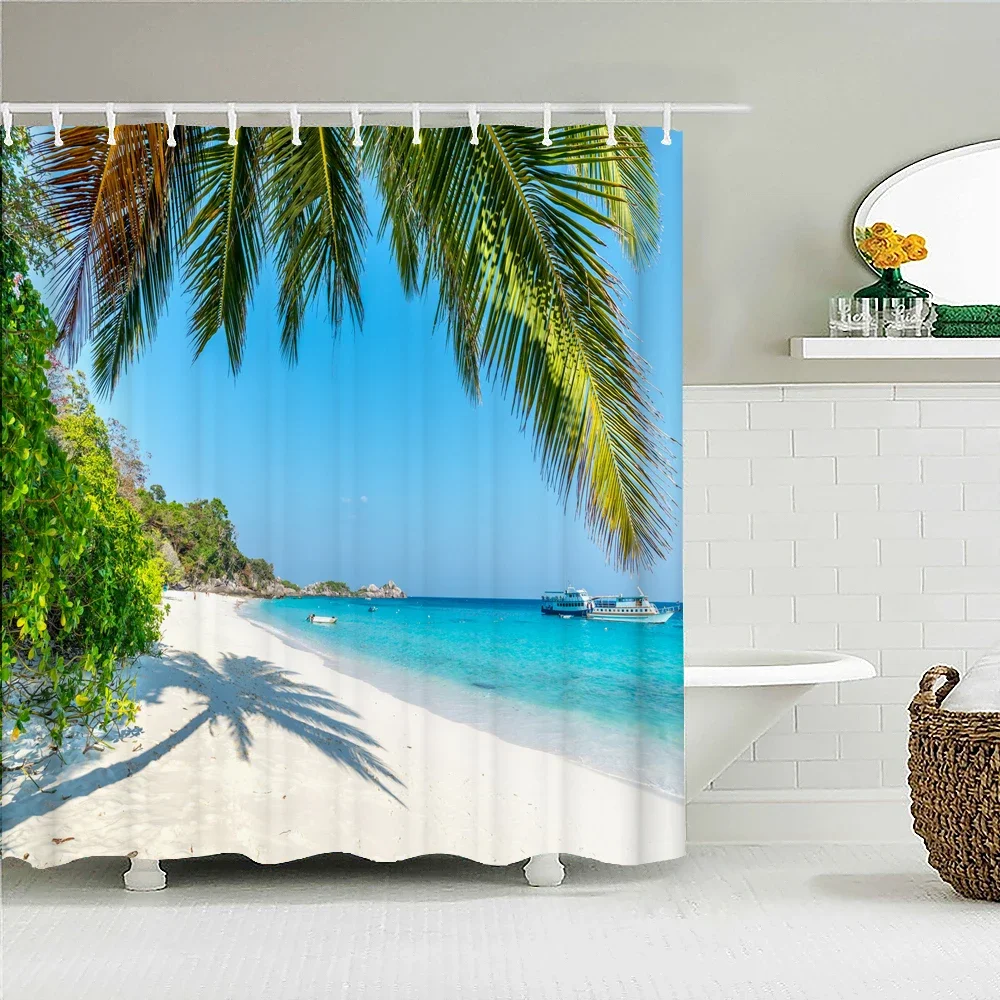 Seaside Scenery 3d Printed Polyester Shower Curtain Wooden Bridge Nature Fabric Waterproof Bathroom Curtain for Bathtub 180x180