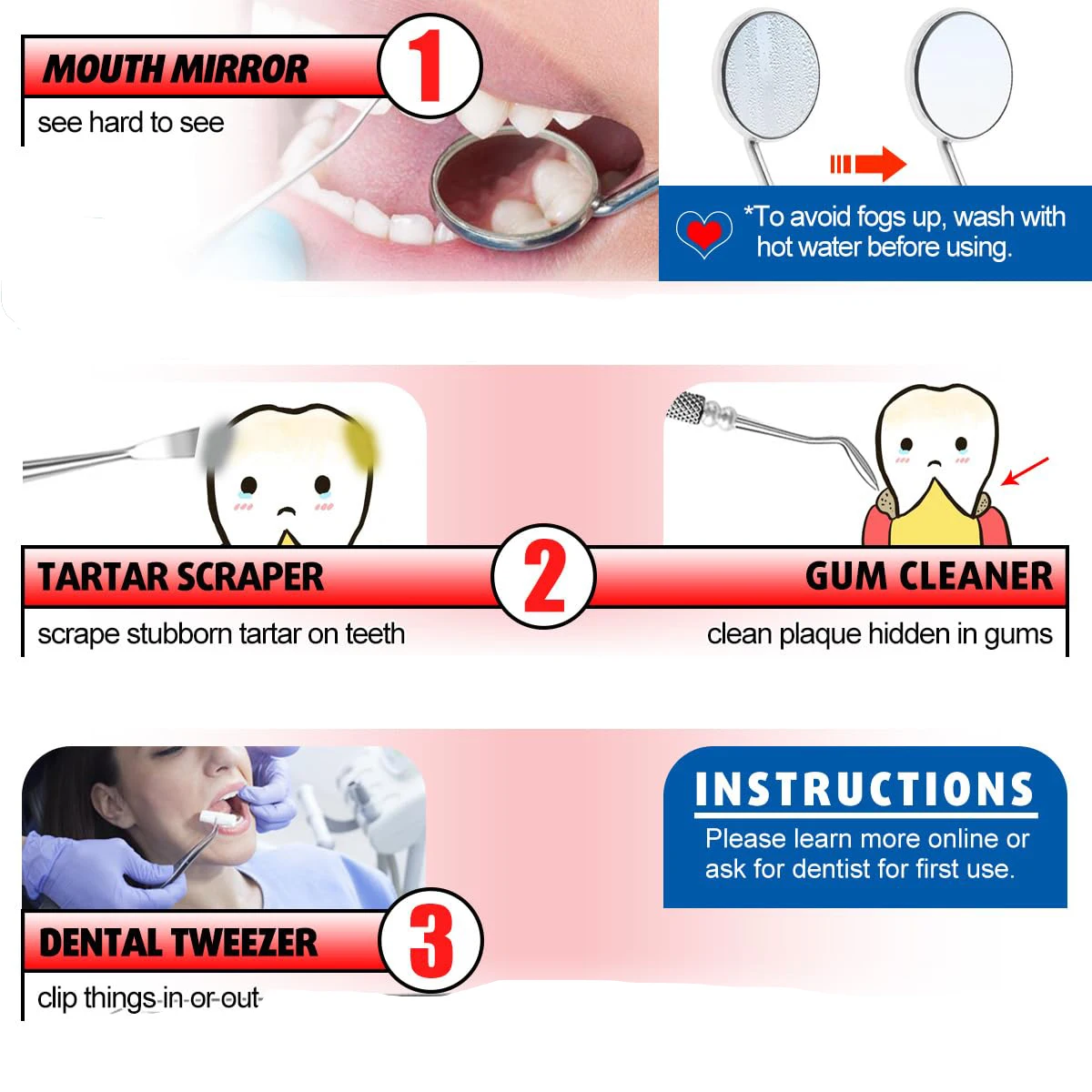 Herramienta de limpieza de dentistería para mujer, 6 unidades/caja, esterilizable, de acero inoxidable, sonda de espejo Dental, pinzas, eliminador