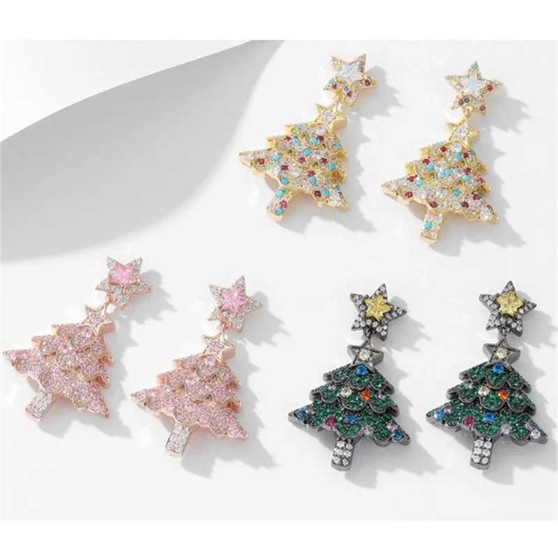 

Sparkling Christmas tree earrings for women Shiny rhinestone tree pendant earrings Christmas New Year party jewelry