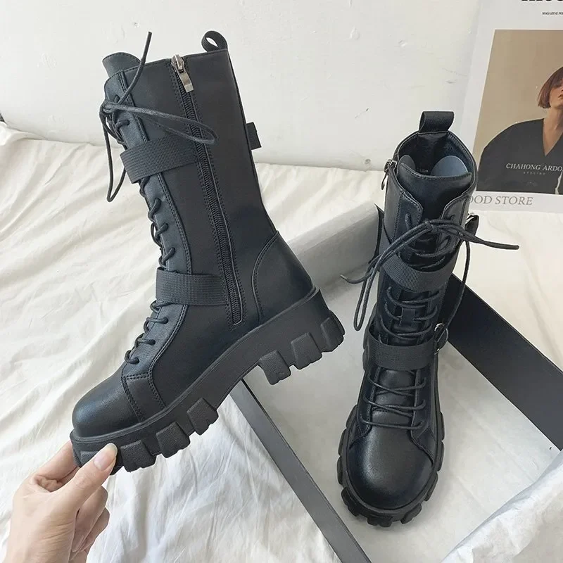 Women Boots 2023 New Lace-Up Platform Shoes Leather Boots Women British Short Boots Ladies Ankle Boots Fashion Boots