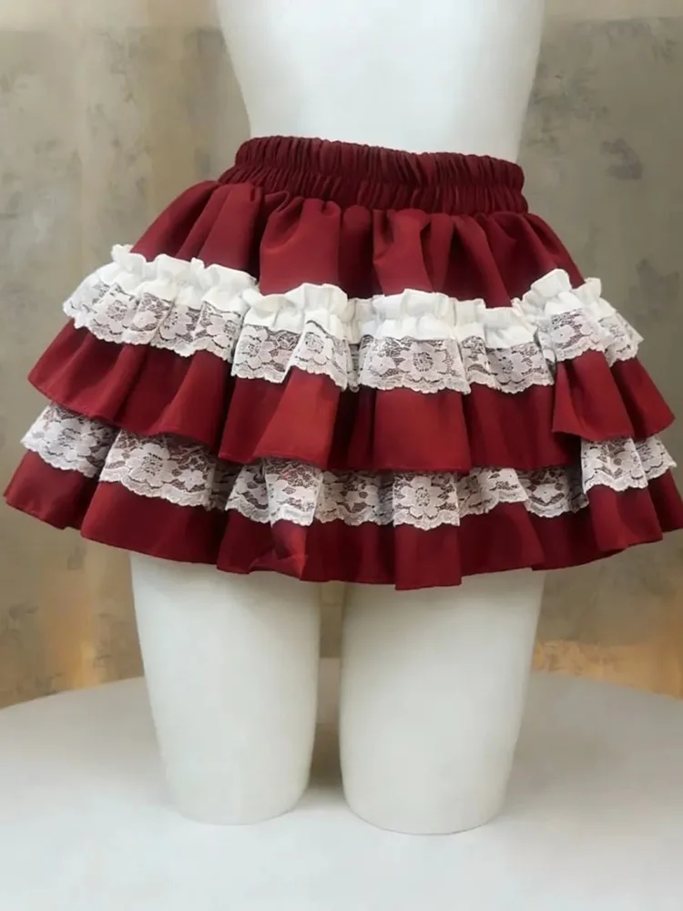 Sweet Red Cake Skirt Women High Waist Lolita Sexy Mini Ball Gown Skirts Spring Summer Preppy Style Lady Cute Japan Kawaii Skirt