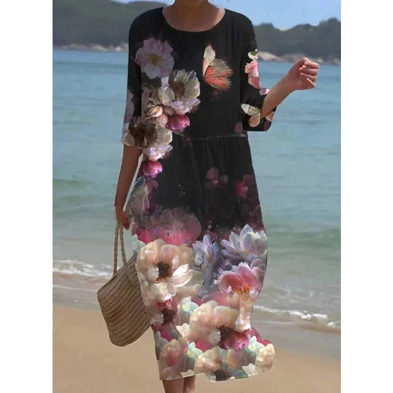 Vestido de verano con estampado Floral para mujer, traje holgado informal de manga corta y cuello redondo, transpirable, ideal para vacaciones y fiestas en la playa, novedad de 2024