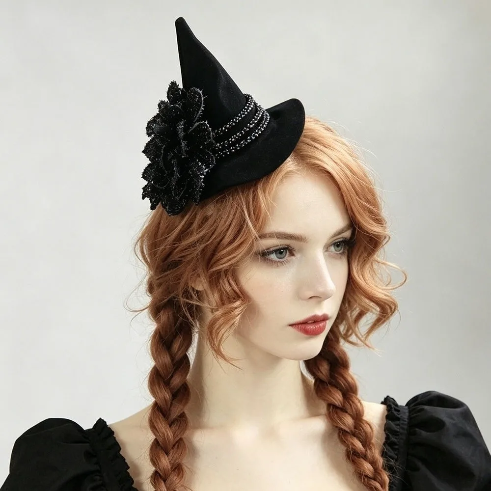 Flower Witch Hat Hair Clip Gothic Style Headdress Halloween Hair Clip Dark Black Skull Spider Witch Hairpins Party Headpiece