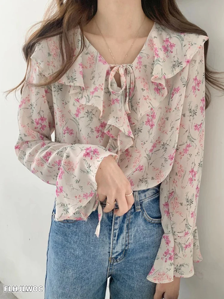 2022 Summer Vintage Retro Shirts Flare Sleeve Cute Sweet Women Korea Japan Style Girls Ruffled Chic Pink Tops Blusas