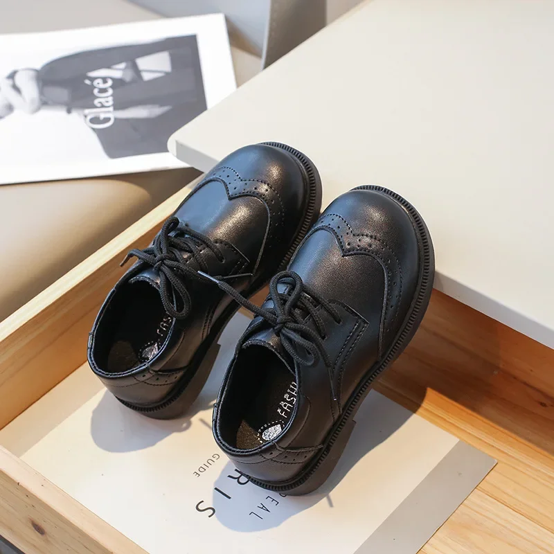 Black School Girl Shoes New Fashion Performance Stage Formal Children Boy Leather Shoe Lace-up Hook & Loop Kids Mary Jane Shoes