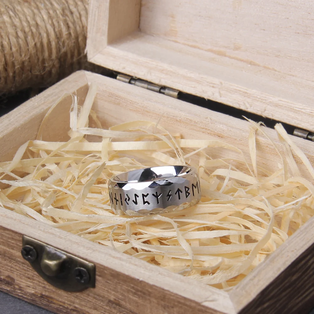 Never Fade viking rune stainless steel ring smooth fashion popular north europe gift amulet jewelry with wooden box