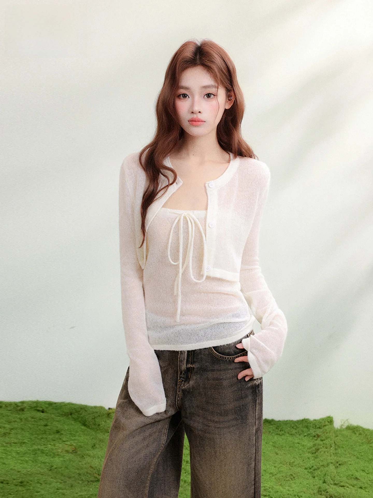 

Summer Thin Knitted Cardigan And Belted Tank Top Set Women's Casual Style Two-Piece Suit Slimming Effect White Lace Detail