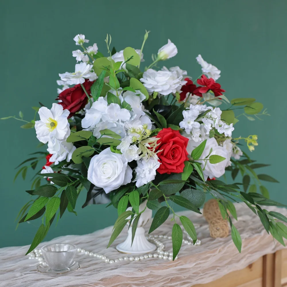 

Красная и белая роза с длинными зелеными листьями Искусственная цветочная композиция (ширина 40 см) - Свадебные украшения для дома HY2866