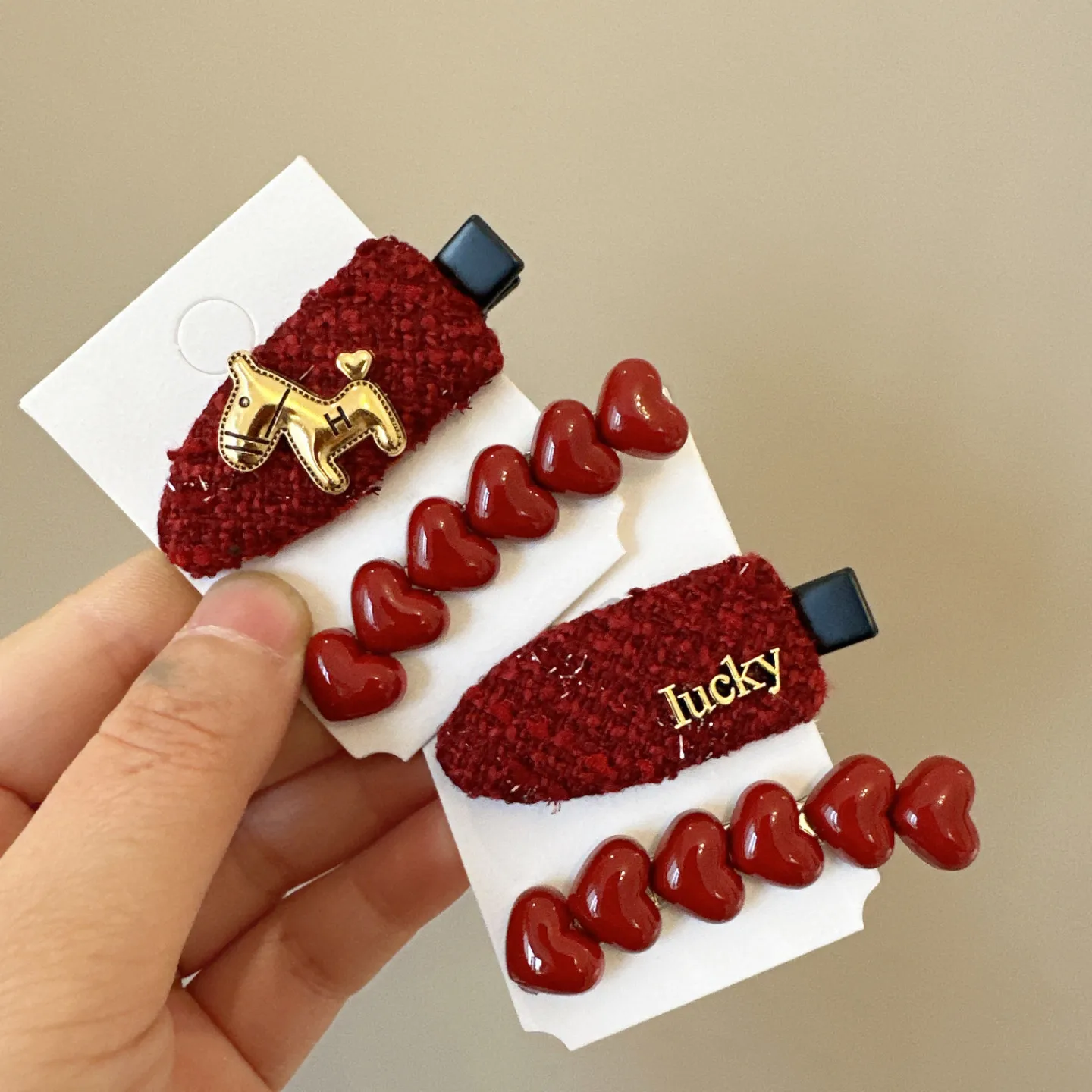 

Red Tweed Style Heart Pony Hair Clip for Side Bangs New Year Festive Elegant Delicate Premium Resin Lightweight Daily