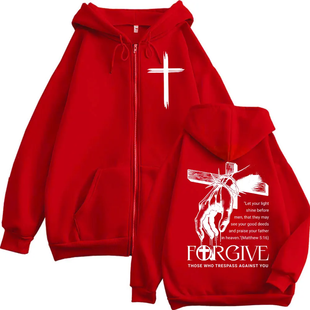 Christian Jesus Forgive Those Who Trespass Against You Zipper Hoodies Men's Women's Gothic Fashion Vintage Zip Up Sweatshirts