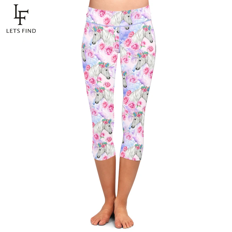 LETSFIND nowe piękne jednorożce i kwiaty drukuj Capri Legging wysoka talia połowy łydki 3/4 Stretch miękkie kobiety legginsy