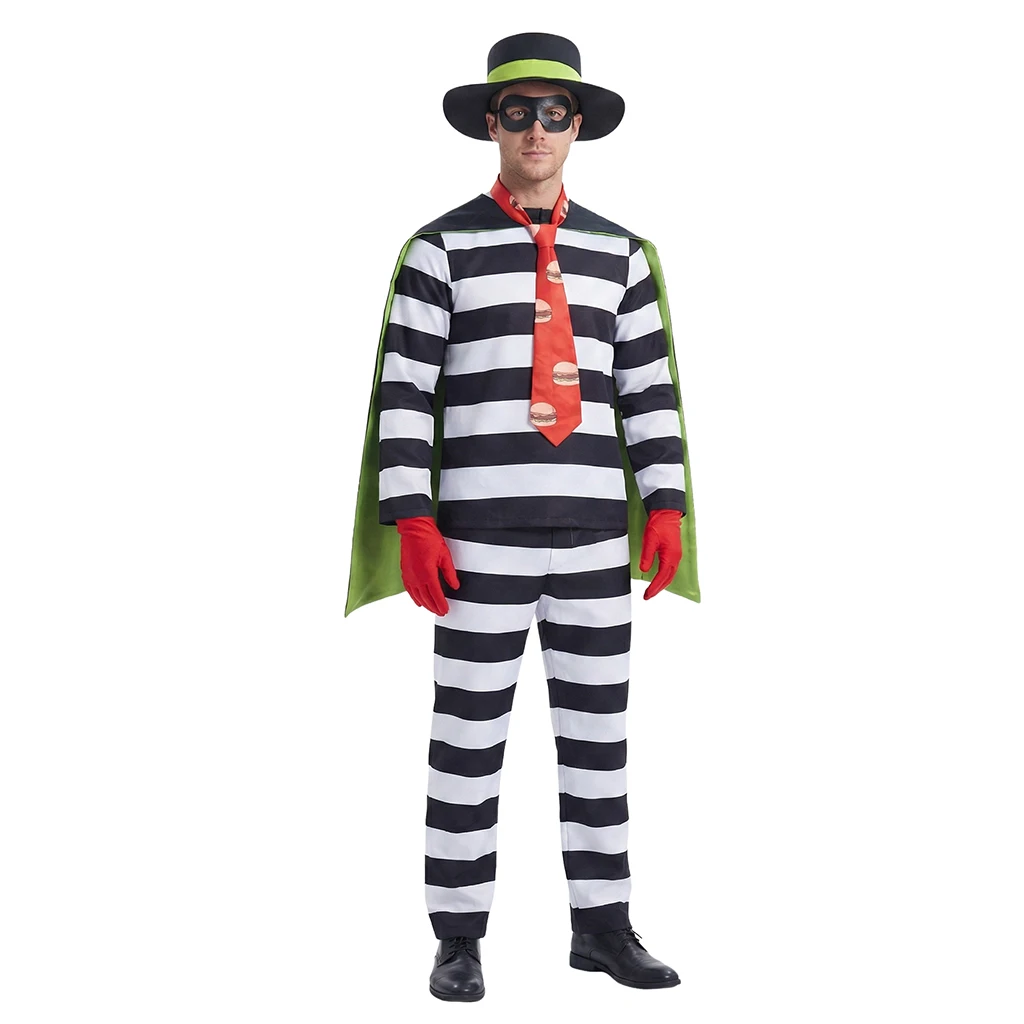 Disfraz de ladrón de hamburguesas para hombre, uniforme de prisionero a rayas en blanco y negro, disfraz de ladrón de comida rápida para fiesta de Halloween con capa