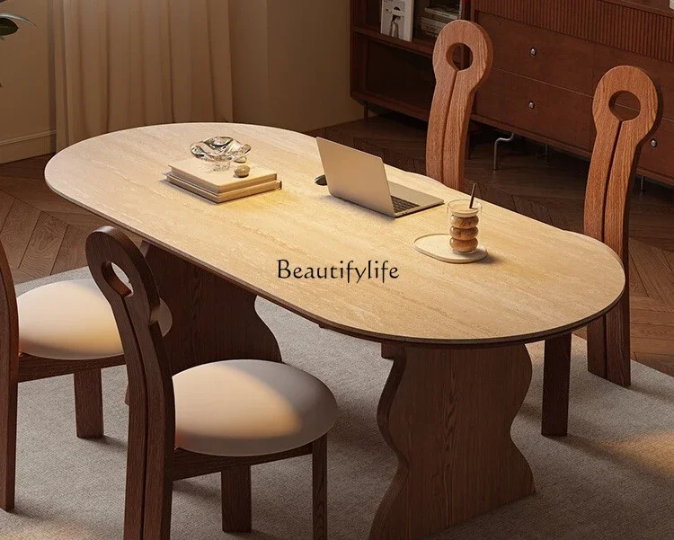 

4*Travertine rock slab dining table oval medieval ash wood solid wood modern simple French
