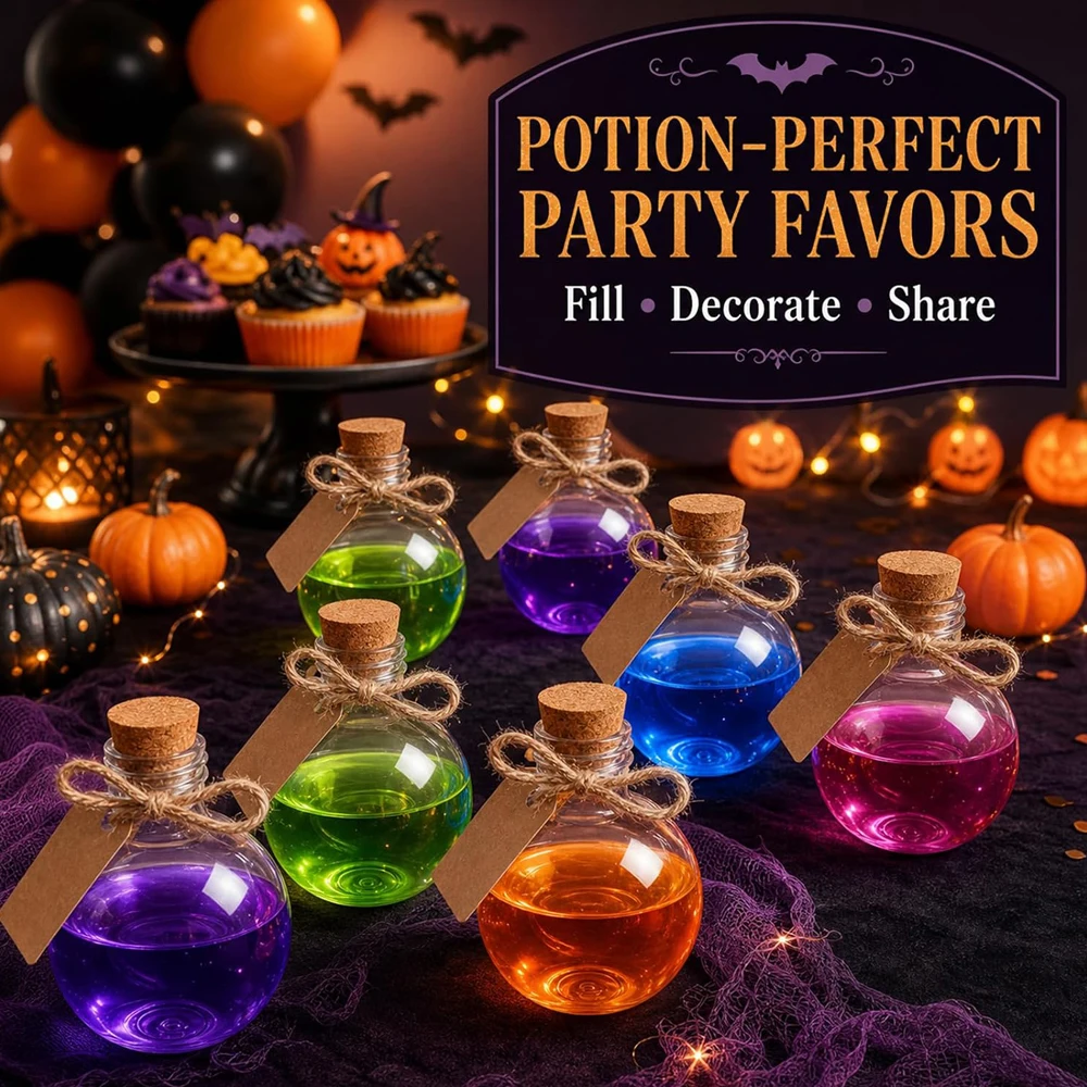 Spherical Plastic Potion Bottles with Corks Tags & Funnels 3.4 Oz Clear Candy Jar Set for Halloween Christmas Wedding Party