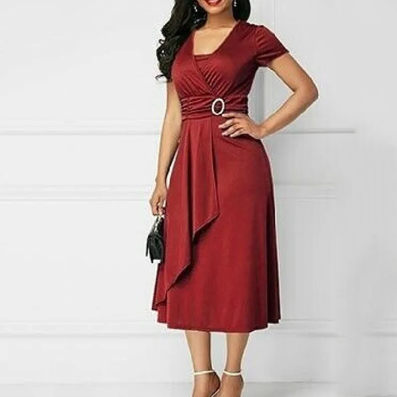 We.Fine Dress Women Solid Color Short Sleeve V Neck Asymmetric Hem Waist Midi Party Dress Elastic Female Dresses Woman Vestidos 5 We.Fine Dress Women Solid Color Short Sleeve V Neck Asymmetric Hem Waist Midi Party Dress Elastic Female Dresses Woman Vestidos 5