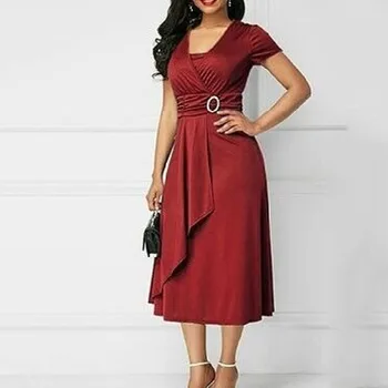 We.Fine Dress Women Solid Color Short Sleeve V Neck Asymmetric Hem Waist Midi Party Dress Elastic Female Dresses Woman Vestidos 5 We.Fine Dress Women Solid Color Short Sleeve V Neck Asymmetric Hem Waist Midi Party Dress Elastic Female Dresses Woman Vestidos 5