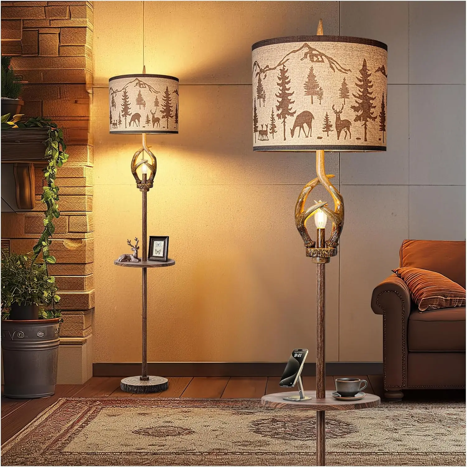 

Rustic Antler Metal Tray Floor Lamp with Night Light and Linen Shade for Living Room Bedroom