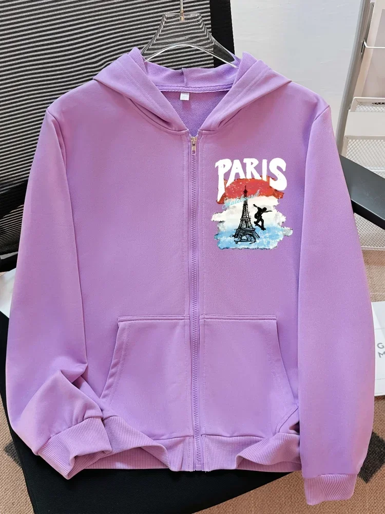 Boys Girls Street Style Zip Up Hoodie Paris Letter Eiffel Tower Skateboarder Graphic Long Sleeve Loose Outerwear Sweatshirt