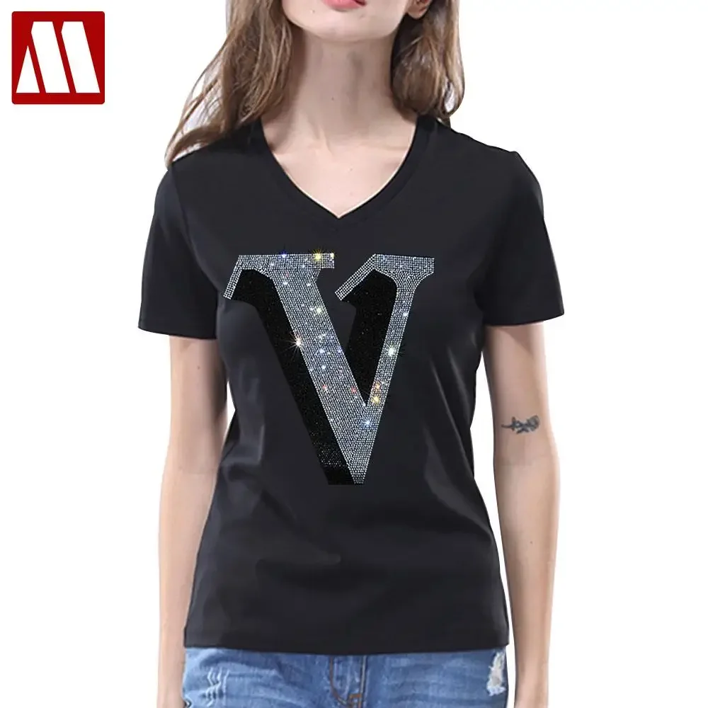 Youge Girl 2024 Summer Short Sleeve Tops Women 3D V Letter Dimaond Printed Cotton Color Black T Shirts Lady's Sports Tees