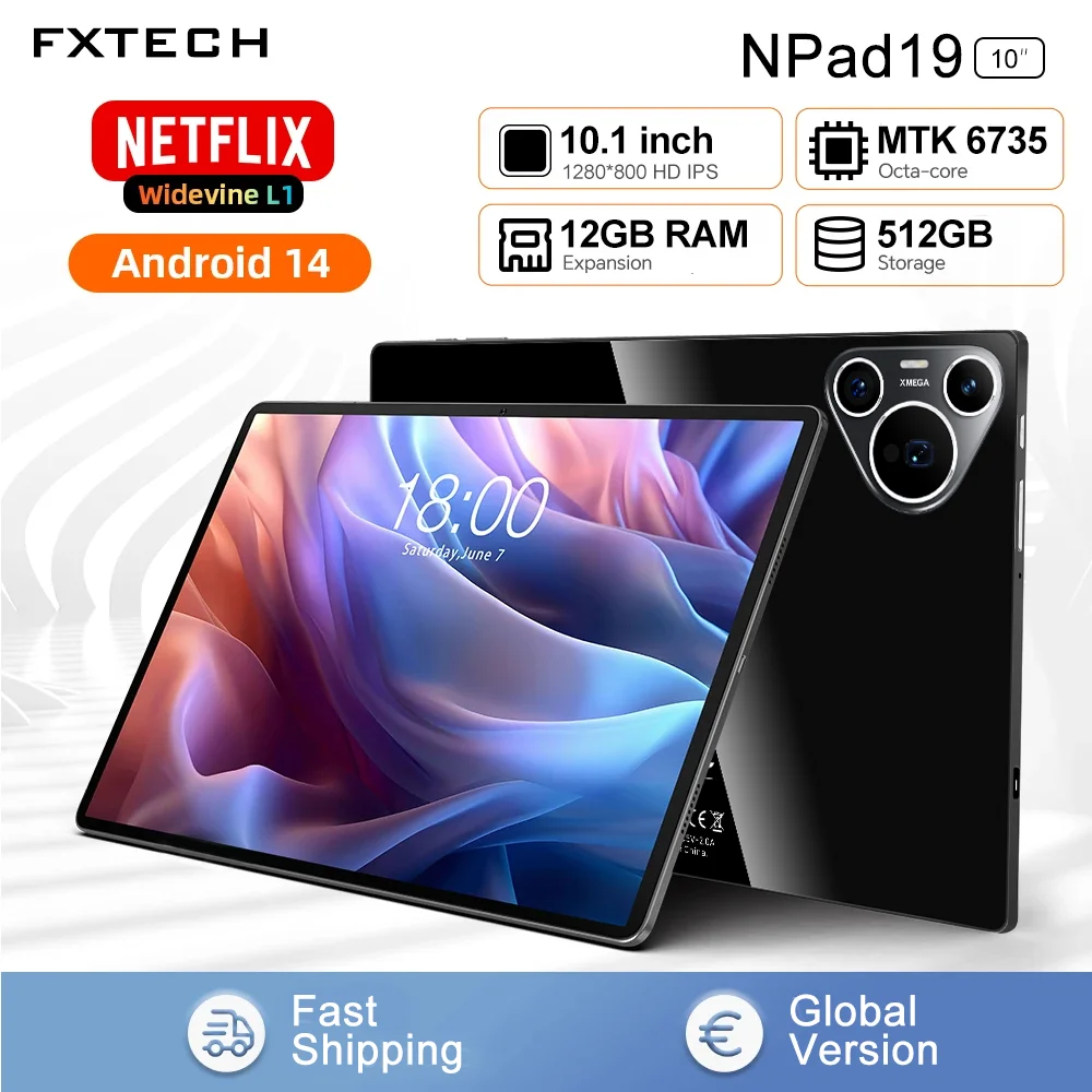 

Npad19 Игровой/рабочий планшет 12 + 512 ГБ 10,1 дюйма FHD + Дисплей 6000 мАч Аккумулятор Android 14.0 WIFI 2,4G + WIFI 5G 800*1280 Планшетный ПК