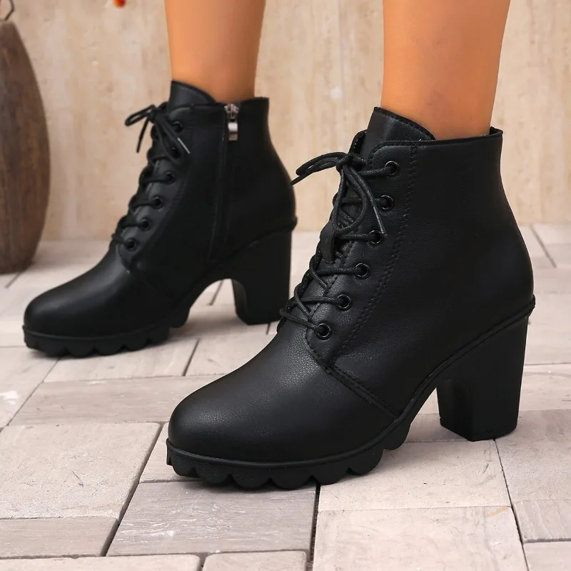 Botines de tacón alto para mujer, ante negro con hebilla de metal, decoración, cremallera lateral, zapatos cómodos de tacón grueso para uso informal