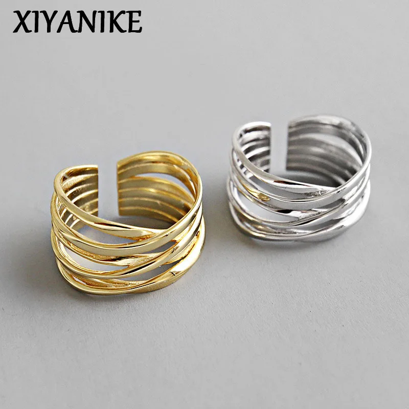 XIYANIKE Silver Color Rings Creative Multilayer Winding Line Geometric Handmade for Women Couple Size 17.2mm Adjustable