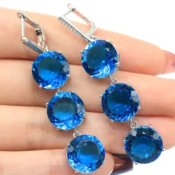 63x13mm Big European Design 14g Pink Kunzite Blue Topaz Green Peridot Green Tsavorite Garnet CZ Women Dating Silver Earrings